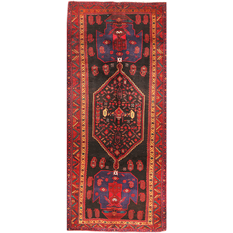 Bijar Persian Rug 12'8" x 4'12" - Semi Antique Medallion Crimson, Navy Blue Hand Knotted | front view | SKU 111090