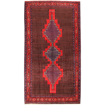 Senneh Persian Rug 9'12" x 5'1" - Semi Antique Medallion Crimson, Navy Blue Hand Knotted | front view | SKU 111091