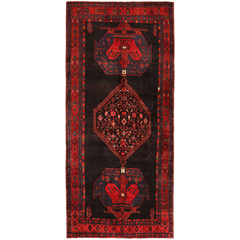 Bijar Persian Rug 10'2" x 4'3" - Semi Antique Medallion Crimson, Navy Blue Hand Knotted | front view | SKU 111096