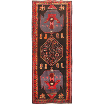 Bijar Persian Rug 13'3" x 4'10" - Semi Antique Medallion Crimson, Navy Blue Hand Knotted | front view | SKU 111097