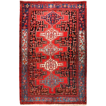 Zanjan Persian Rug 7x4 ft - Semi Antique Medallion Navy Blue, Crimson Hand Knotted | front view | SKU 111098