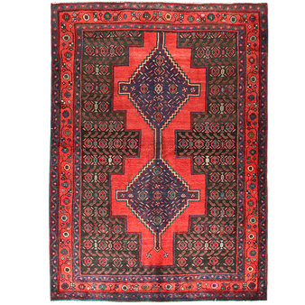 Bijar Persian Rug 7x5 ft - Semi Antique Medallion Crimson, Navy Blue Hand Knotted | front view | SKU 111099