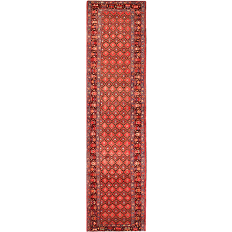 Hamadan Persian Rug 14x3 ft - Semi Antique Herati (Mahi), Diamond Lattice Madder Red, Dark Red, Navy Blue Hand Knotted | front view | SKU 111102