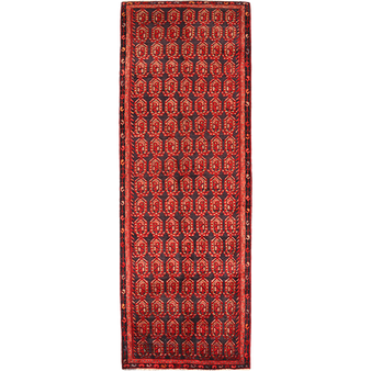 Hamadan Persian Rug 10x3 ft - Semi Antique Herati (Mahi), Afshan (All-Over) Madder Red, Dark Red, Navy Blue Hand Knotted | front view | SKU 111103