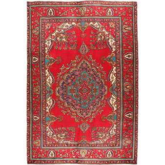 Tabriz Persian Rug 9x6 ft - Semi Antique Shah Abbasi, Medallion (Toranj) Madder Red, Cream, Navy Blue Hand Knotted | front view | SKU 111107