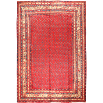 Arak Persian Rug 11x7 ft - Semi Antique Medallion Crimson, Red Hand Knotted | front view | SKU 111108