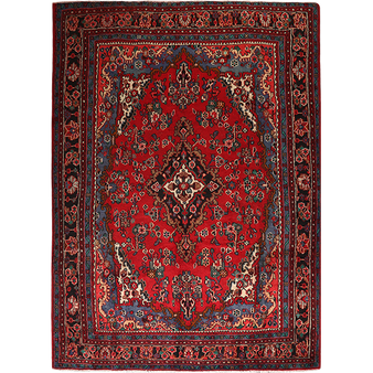 Hamadan Persian Rug 9x7 ft - Semi Antique Medallion (Toranj), Herati (Mahi) Madder Red, Navy Blue, Cream Hand Knotted | front view | SKU 111109