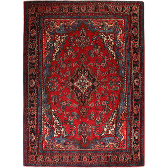 Hamadan Persian Rug 9'10" x 7'3" - Semi Antique Afshan Red, Blue Hand Knotted | front view | SKU 111109