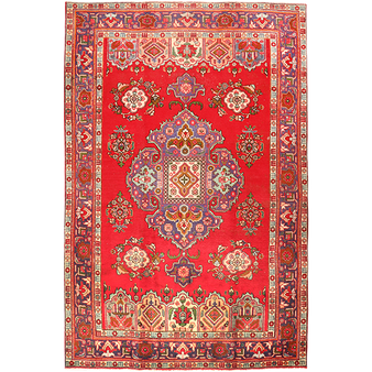 Tabriz Persian Rug 10x6 ft - Semi Antique Medallion (Toranj), Shah Abbasi Red, Cream, Dark Red Hand Knotted | front view | SKU 111111