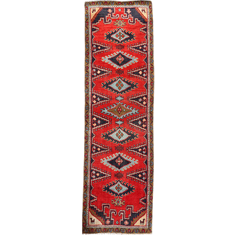 Golpayegan Persian Rug 11x3 ft - Semi Antique Medallion Red, Blue Hand Knotted | front view | SKU 111113