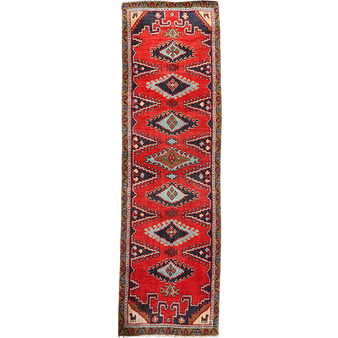 Golpayegan Persian Rug 11x3 ft - Semi Antique Geometric, Tribal and Nomadic Red, Navy Blue, Cream Hand Knotted | front view | SKU 111113