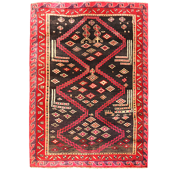 Lori Persian Rug 6x4 ft - Semi Antique Geometric Red, Brown Hand Knotted | front view | SKU 111114