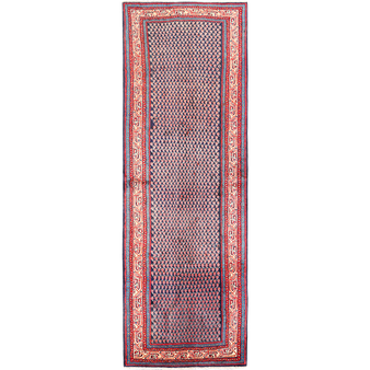 Arak Persian Rug 11x3 ft - Semi Antique Herati (Mahi) Navy Blue, Cream, Madder Red Hand Knotted | front view | SKU 111116