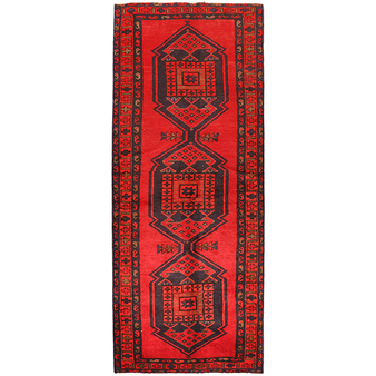 Lori Persian Rug 9x3 ft - Semi Antique Geometric Red, Brown Hand Knotted | front view | SKU 111117