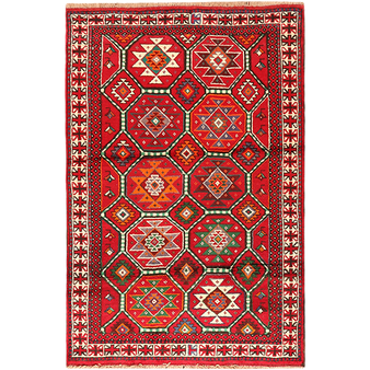 Quchan Persian Rug 5x3 ft - Semi Antique Geometric, Diamond Lattice Red, Crimson, Ivory Hand Knotted | front view | SKU 111118