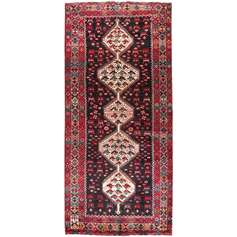Shahsavan Persian Rug 9x4 ft - Semi Antique Geometric Blue, Crimson Hand Knotted | front view | SKU 111119