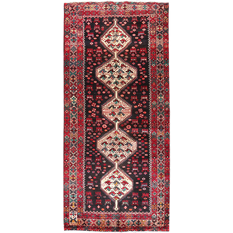 Shahsavan Persian Rug 9x4 ft - Semi Antique Medallion (Toranj), Geometric Dark Red, Crimson, Ivory Hand Knotted | front view | SKU 111119