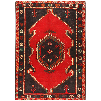 Kelardasht Persian Rug 6x4 ft - Semi Antique Medallion Red, Black Hand Knotted | front view | SKU 111120