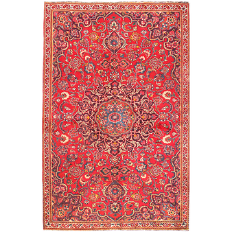 Mashhad Persian Rug 7x4 ft - Semi Antique Shah Abbasi, Medallion (Toranj) Crimson, Navy Blue, Cream Hand Knotted | front view | SKU 111122