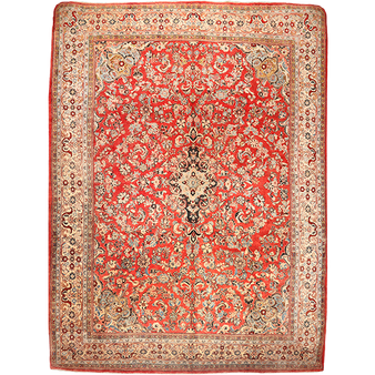 Meshkabad Persian Rug 13x9 ft - Semi Antique Medallion Blue, Green Hand Knotted | front view | SKU 111124