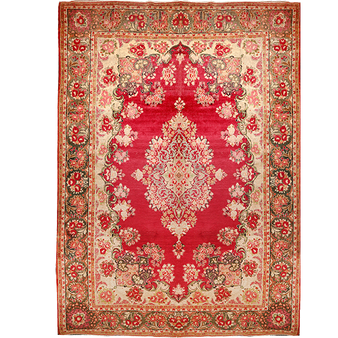 Farahan Persian Rug 14x10 ft - Antique Shah Abbasi, Medallion (Toranj) Madder Red, Cream, Beige Hand Knotted | front view | SKU 111125