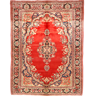 Farahan Persian Rug 13'9" x 10'5" - Antique Medallion Red, Green Hand Knotted | front view | SKU 111126