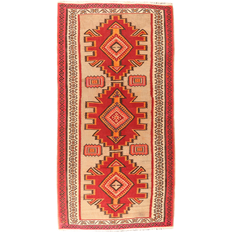 Shiraz Persian Rug 10'1" x 4'11" - Semi Antique Geometric Blue, Red Hand Knotted | front view | SKU 111127