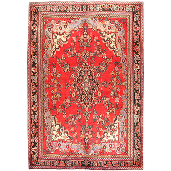 Hamadan Persian Rug 10x6 ft - Semi Antique Shah Abbasi, Medallion (Toranj) Red, Cream, Navy Blue Hand Knotted | front view | SKU 111131