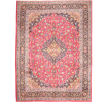 Kashmar Persian Rug 12x9 ft - Semi Antique Shah Abbasi, Medallion (Toranj) Madder Red, Ivory, Navy Blue Hand Knotted | front view | SKU 111135