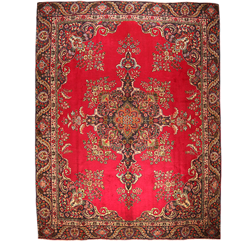 Tabriz Persian Rug 12x9 ft - Semi Antique Medallion Red, Cream Hand Knotted | front view | SKU 111136