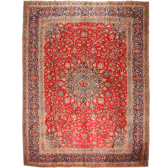 Mashad Persian Rug 12x9 ft - Semi Antique Medallion Crimson, Ultramarine Hand Knotted | front view | SKU 111138
