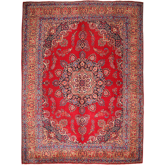 Sabzevar Persian Rug 13x9 ft - Semi Antique Medallion Crimson, Beige Hand Knotted | front view | SKU 111139