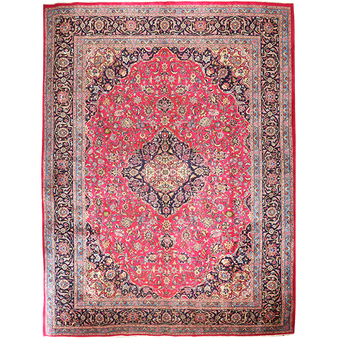 Kashmar Persian Rug 13x9 ft - Semi Antique Shah Abbasi, Medallion (Toranj) Crimson, Navy Blue, Ivory Hand Knotted | front view | SKU 111140