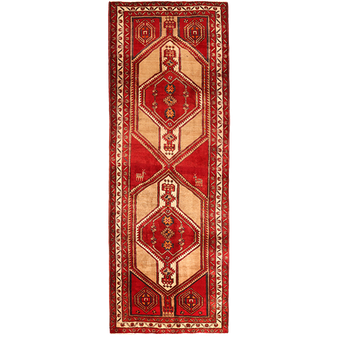 Sarab Persian Rug 10x3 ft - Semi Antique Medallion Camel, Blue Hand Knotted | front view | SKU 111141