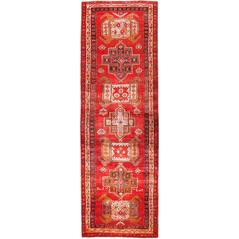 Meshkin Persian Rug 13x4 ft - Semi Antique Geometric Crimson, Green Hand Knotted | front view | SKU 111142