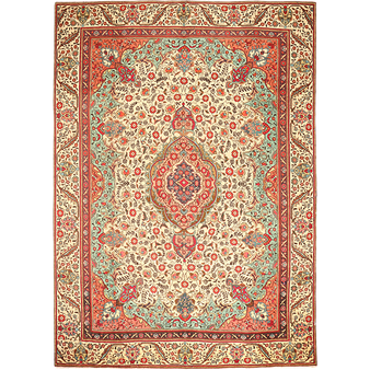Tabriz Persian Rug 12x9 ft - Semi Antique Medallion (Toranj), Shah Abbasi Cream, Madder Red, Sage Green Hand Knotted | front view | SKU 111144