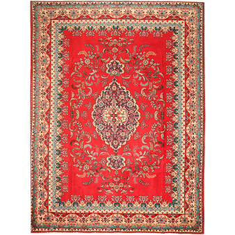 Tabriz Persian Rug 13x10 ft - Semi Antique Medallion Red, Cream Hand Knotted | front view | SKU 111146