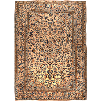 Kashan Persian Rug 11'4" x 7'10" - Semi Antique Medallion Crimson, Navy Blue Hand Knotted | front view | SKU 111147