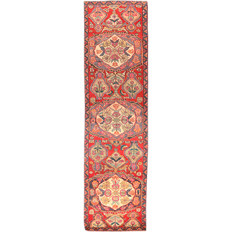 Hamadan Persian Rug 12'6" x 2'10" - Semi Antique Afshan Red, Blue Hand Knotted | front view | SKU 111148