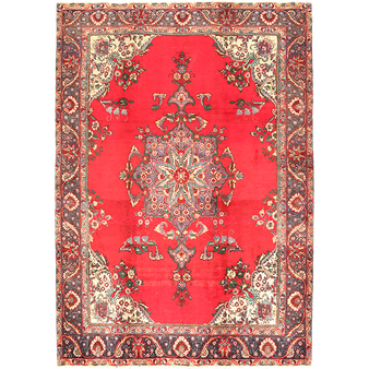 Tabriz Persian Rug 8'10" x 6'3" - Semi Antique Medallion Red, Cream Hand Knotted | front view | SKU 111150