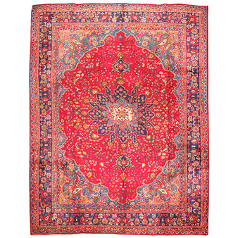 Sabzevar Persian Rug 12x9 ft - Semi Antique Medallion Crimson, Beige Hand Knotted | front view | SKU 111151