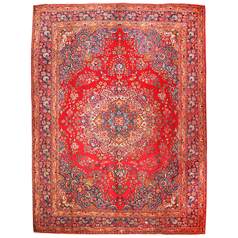 Sabzevar Persian Rug 13x9 ft - Semi Antique Medallion Crimson, Beige Hand Knotted | front view | SKU 111153