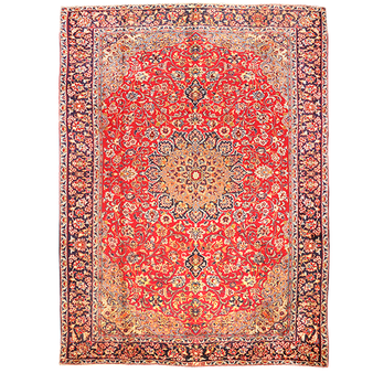 Najafabad Persian Rug 12'10" x 9'2" - Semi Antique Medallion Red, Beige Hand Knotted | front view | SKU 111155