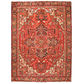 Heriz Persian Rug 9x6 ft - Semi Antique Medallion Red, Brown Hand Knotted | front view | SKU 111157