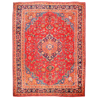 Sabzevar Persian Rug 12x9 ft - Semi Antique Shah Abbasi, Medallion (Toranj) Crimson, Orange, Navy Blue Hand Knotted | front view | SKU 111158
