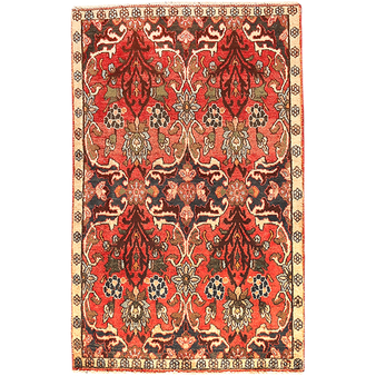 Isfahan Persian Rug 4x2 ft - Semi Antique Eslimi (Arabesque), Shah Abbasi Madder Red, Cream, Burgundy Hand Knotted | front view | SKU 111160
