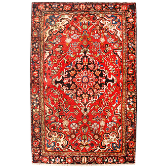 Bibikabad Persian Rug 5x3 ft - Semi Antique Medallion Toranj, Herati Mahi Madder Red, Cream, Navy Blue Hand Knotted | front view | SKU 111162