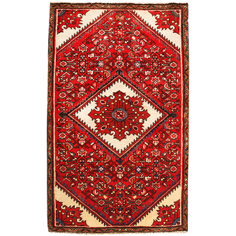 Hamadan Persian Rug 4x2 ft - Semi Antique Medallion Toranj, Herati Mahi Red, Cream, Dark Red Hand Knotted | front view | SKU 111163