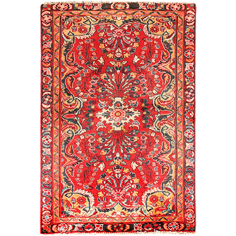 Lilihan Persian Rug 4'9" x 3'3" - Semi Antique Geometric Red, Navy Blue Hand Knotted | front view | SKU 111164