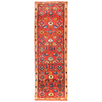 Hamadan Persian Rug 7x1 ft - Semi Antique Herati (Mahi), Afshan (All-Over) Madder Red, Navy Blue, Cream Hand Knotted | front view | SKU 111166